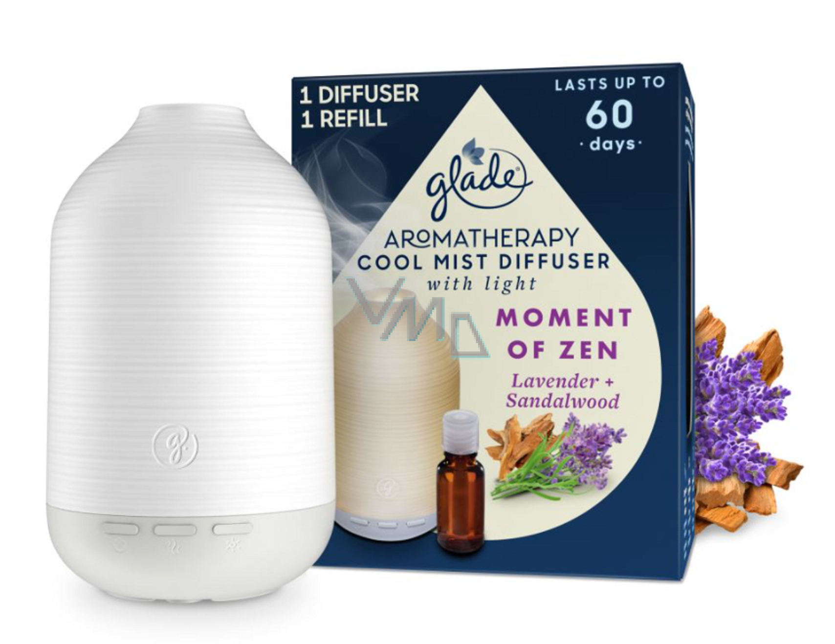 Glade Aromatherapy Cool Mist Diffuser Moment of Zen Lavender + Sandalwood  Diffuser led backlight, color white, 1 + 17,4 ml - VMD parfumerie - drogerie