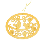 Wooden oval with birds for hanging yellow 10 cm