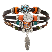 Leather multi-layer bracelet, feather + moon/sun symbol, adjustable size