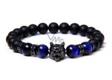 Lava black + Tiger eye dark blue + Wolf head bracelet elastic natural stone, ball 8 mm / 21 cm