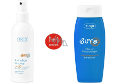 Ziaja Sun SPF 50+ UVA/UVB waterproof spray tanning lotion 170 ml + tan extender lotion all skin types 200 ml, duopack