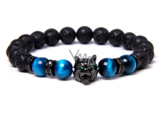 Lava black + Tiger eye light blue + Wolf head bracelet elastic natural stone, ball 8 mm / 19 cm