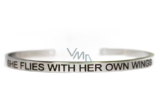 Stainless steel bracelet silver with engraving Flies with her own wings, open cuff, 4 mm