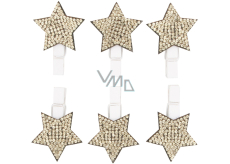 Wooden star on a clip with golden stones 3 cm 6 pieces