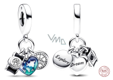 Charm Sterling silver 925 World map in heart, compass, camera 3in1, travel bracelet pendant