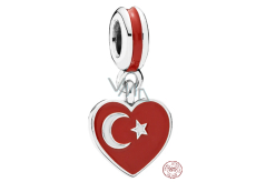 Charm Sterling Silver 925 Turkish Flag Heart - I Love Turkey, Travel Bracelet Pendant