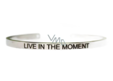 Stainless steel bracelet silver with engraving Live in the moment, open cuff, 4 mm