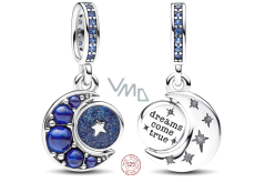 Charm Sterling silver 925 Half moon with royal blue, starry blue and light blue crystal, universe bracelet pendant