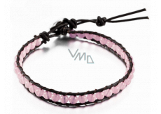 Rose quartz leather bracelet natural stone, handmade, clasp, ball 4 mm, 17 - 23 cm, stone of love