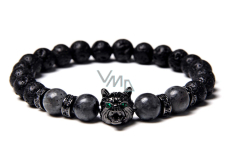 Lava black + Wolf's head bracelet elastic natural stone, ball 8 mm / 19 cm, born of the four elements