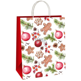 Ditipo Gift paper bag 22 x 10 x 29 cm Christmas white decorations, gingerbread, pine cones, twigs