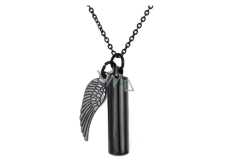 Commemorative urn pendant, Angel wings black waterproof, stainless steel 9 x 37 mm