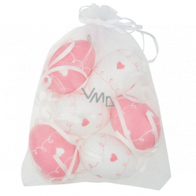 Eggs with hearts white and pink plastic for hanging 6 cm, 6 pieces in organza