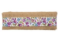 Jute ribbon with purple and blue flowers, width 6 cm, 2 m