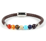 Chakra bracelet natural stone cube, genuine dark brown leather 20 cm with silver-colored clasp