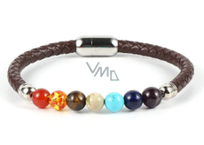 Chakra bracelet natural stone cube, genuine dark brown leather 20 cm with silver-colored clasp