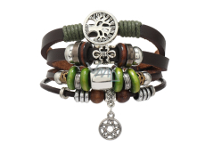 Leather multi-layered bracelet, symbol Tree of Life + lily + Star of David, adjustable size