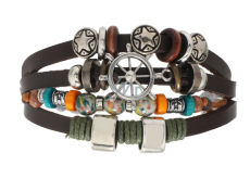 Leather multi-layered bracelet, symbol helm + star, adjustable size