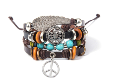 Leather multi-layered bracelet, angel wing + Hippies symbol, adjustable size