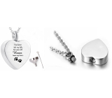 Commemorative urn pendant, Heart with paws waterproof, stainless steel 20 x 25 mm + chain 50 cm