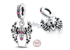 Charm Sterling silver 925 Spider, Black Widow with pink and white cubic zirconia, animal bracelet pendant