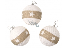 White baubles with a star and jute stripe for hanging 8 cm, 3 pieces