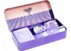 Esprit Provence Lavender toilet soap 60 g + scented bag + hand cream 30 ml + tin box with a picture of a tree in a lavender field, cosmetic set for women